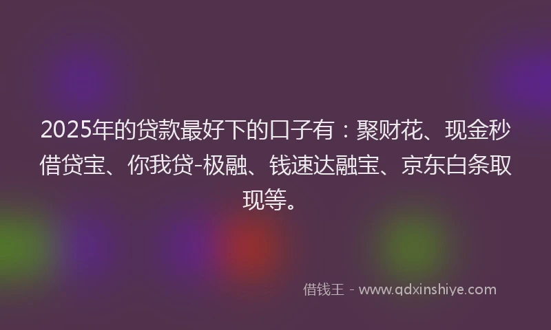 2025年的贷款最好下的口子有:聚财花、现金秒借贷宝、你我贷-极融、钱速达融宝、京东白条取现等。