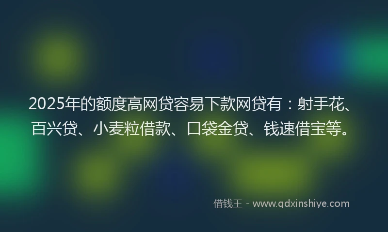 2025年的额度高网贷容易下款网贷有：射手花、百兴贷、小麦粒借款、口袋金贷、钱速借宝等。