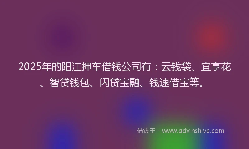 2025年的阳江押车借钱公司有：云钱袋、宜享花、智贷钱包、闪贷宝融、钱速借宝等。