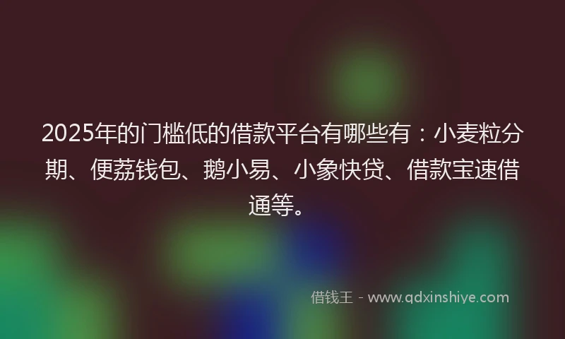 2025年的门槛低的借款平台有哪些有：小麦粒分期、便荔钱包、鹅小易、小象快贷、借款宝速借通等。