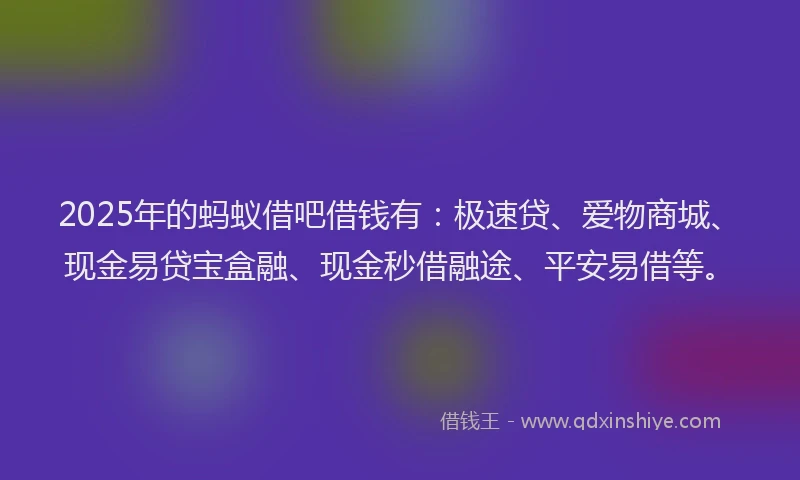 2025年的蚂蚁借吧借钱有：极速贷、爱物商城、现金易贷宝盒融、现金秒借融途、平安易借等。
