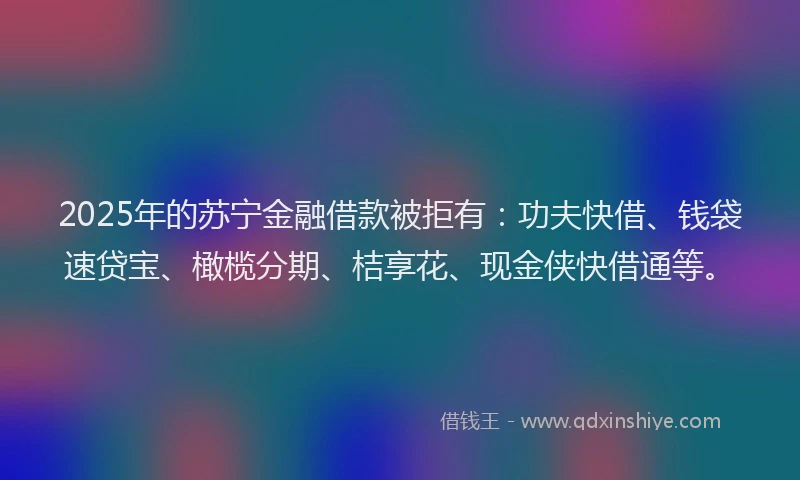 2025年的苏宁金融借款被拒有：功夫快借、钱袋速贷宝、橄榄分期、桔享花、现金侠快借通等。