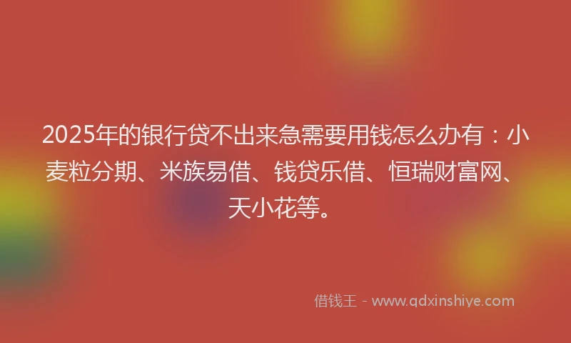 2025年的银行贷不出来急需要用钱怎么办有：小麦粒分期、米族易借、钱贷乐借、恒瑞财富网、天小花等。