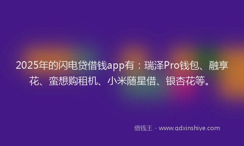 2025年的闪电贷借钱app有：瑞泽Pro钱包、融享花、蛮想购租机、小米随星借、银杏花等。