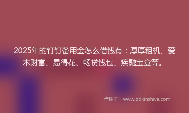 2025年的钉钉备用金怎么借钱有：厚厚租机、爱木财富、易得花、畅贷钱包、疾融宝盒等。