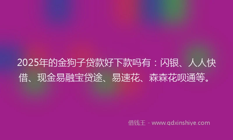 2025年的金狗子贷款好下款吗有:闪银、人人快借、现金易融宝贷途、易速花、森森花呗通等。