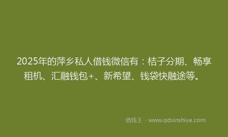 2025年的萍乡私人借钱微信有：桔子分期、畅享租机、汇融钱包+、新希望、钱袋快融途等。