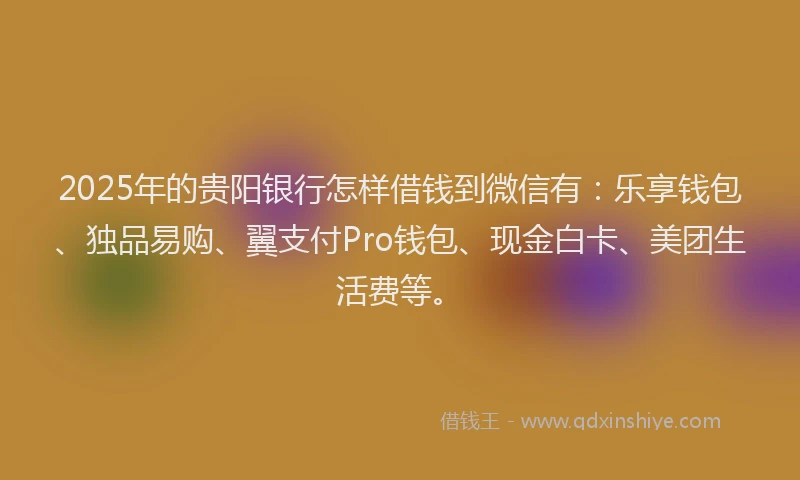 2025年的贵阳银行怎样借钱到微信有:乐享钱包、独品易购、翼支付Pro钱包、现金白卡、美团生活费等。