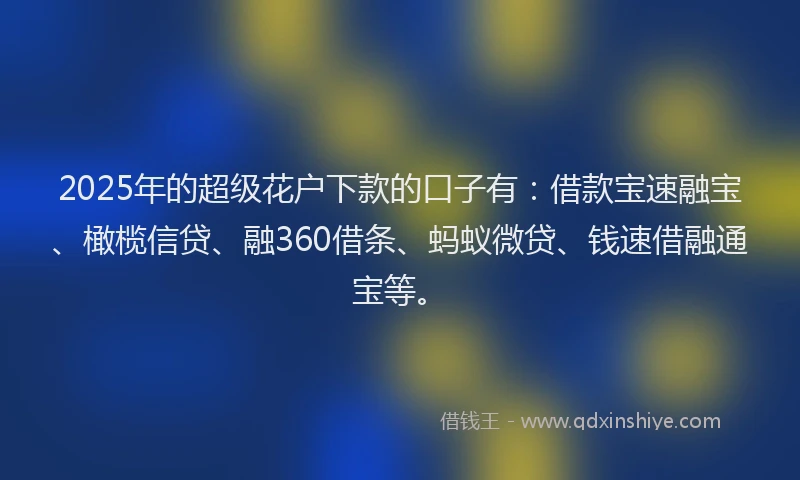 2025年的超级花户下款的口子有:借款宝速融宝、橄榄信贷、融360借条、蚂蚁微贷、钱速借融通宝等。