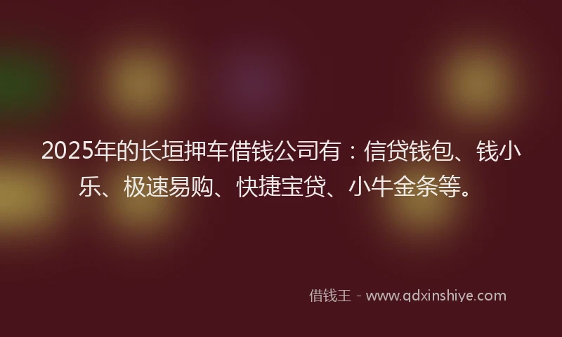 2025年的长垣押车借钱公司有：信贷钱包、钱小乐、极速易购、快捷宝贷、小牛金条等。