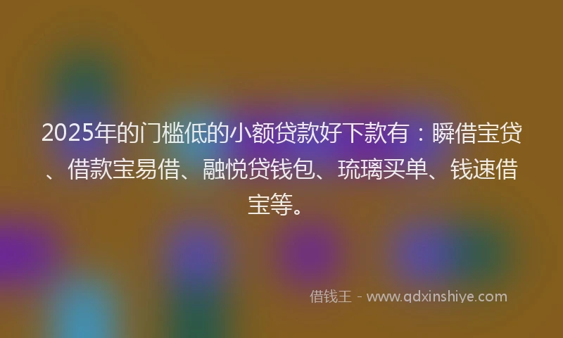 2025年的门槛低的小额贷款好下款有：瞬借宝贷、借款宝易借、融悦贷钱包、琉璃买单、钱速借宝等。
