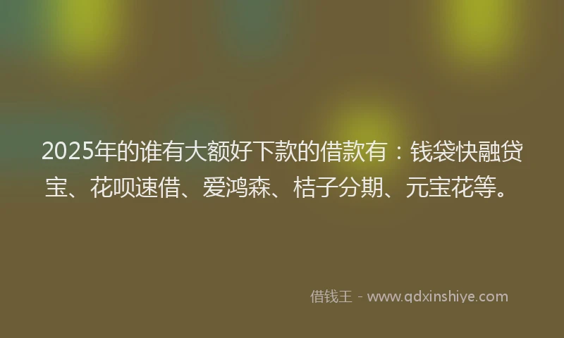 2025年的谁有大额好下款的借款有：钱袋快融贷宝、花呗速借、爱鸿森、桔子分期、元宝花等。