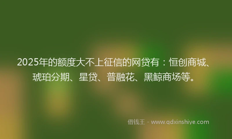 2025年的额度大不上征信的网贷有：恒创商城、琥珀分期、星贷、普融花、黑鲸商场等。