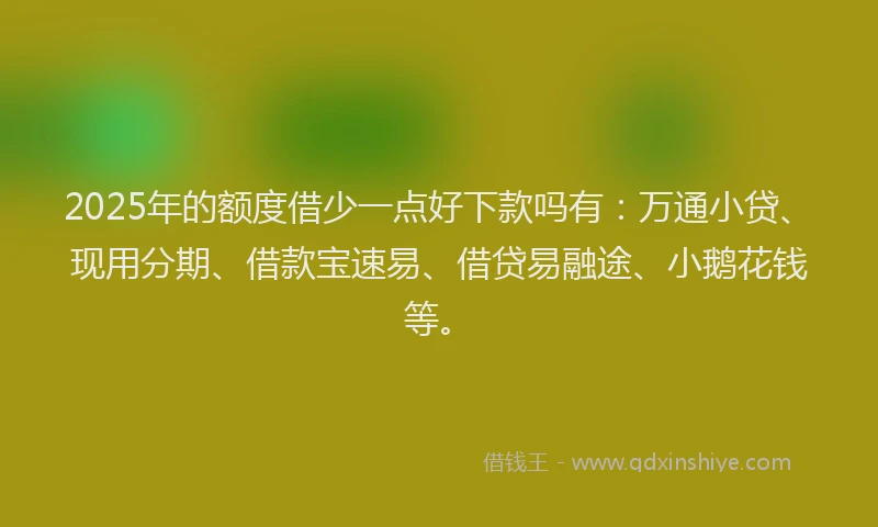 2025年的额度借少一点好下款吗有：万通小贷、现用分期、借款宝速易、借贷易融途、小鹅花钱等。