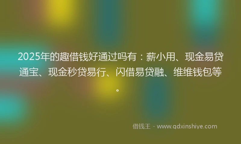 2025年的趣借钱好通过吗有：薪小用、现金易贷通宝、现金秒贷易行、闪借易贷融、维维钱包等。