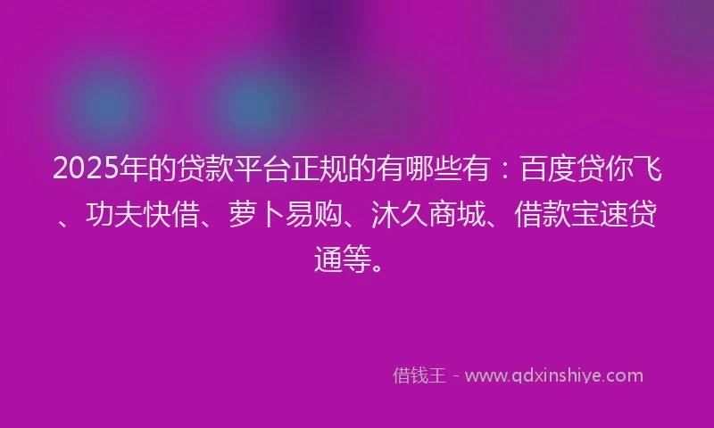 2025年的贷款平台正规的有哪些有:百度贷你飞、功夫快借、萝卜易购、沐久商城、借款宝速贷通等。