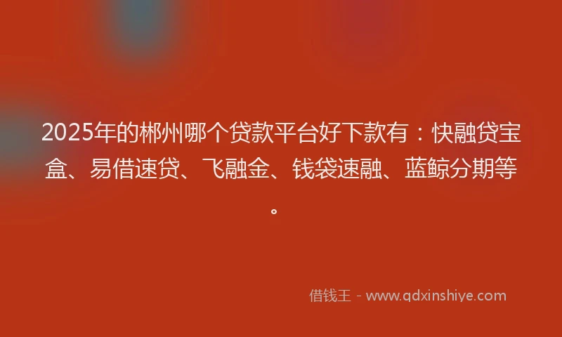 2025年的郴州哪个贷款平台好下款有:快融贷宝盒、易借速贷、飞融金、钱袋速融、蓝鲸分期等。