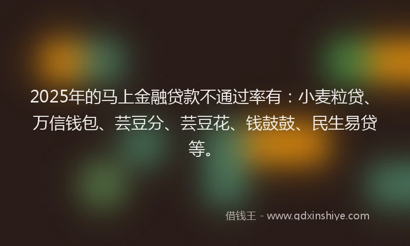 2025年的马上金融贷款不通过率有:小麦粒贷、万信钱包、芸豆分、芸豆花、钱鼓鼓、民生易贷等。