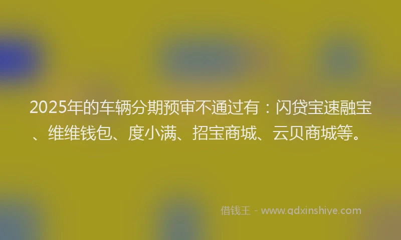2025年的车辆分期预审不通过有:闪贷宝速融宝、维维钱包、度小满、招宝商城、云贝商城等。