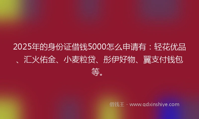 2025年的身份证借钱5000怎么申请有:轻花优品、汇火佑金、小麦粒贷、彤伊好物、翼支付钱包等。