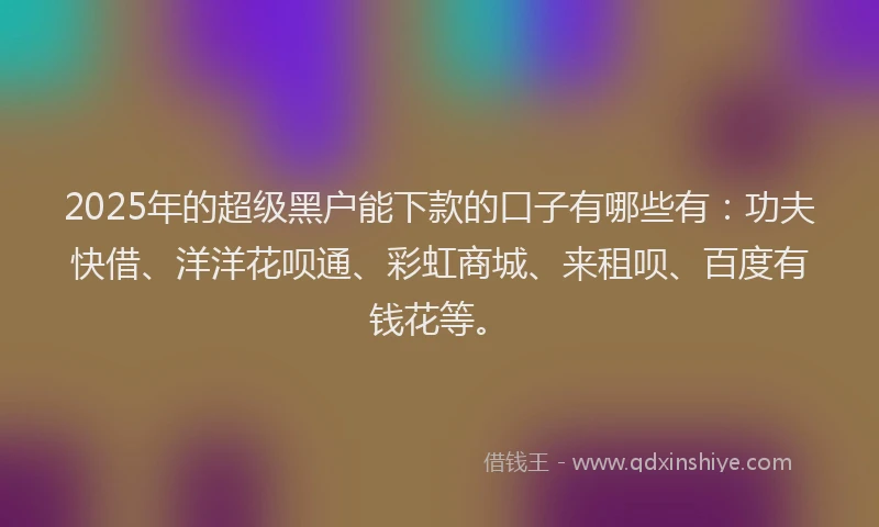 2025年的超级黑户能下款的口子有哪些有：功夫快借、洋洋花呗通、彩虹商城、来租呗、百度有钱花等。