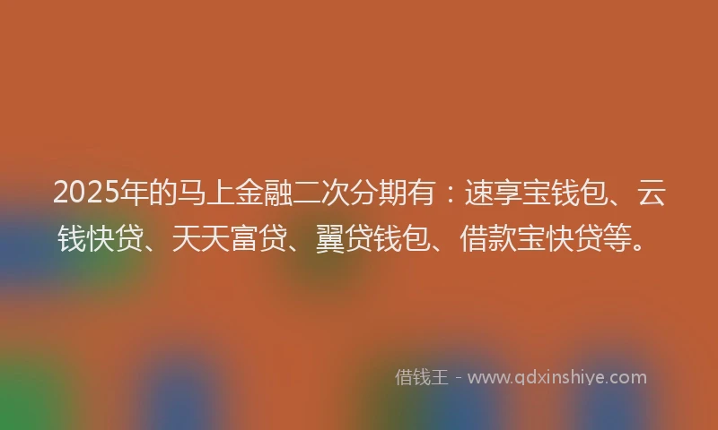 2025年的马上金融二次分期有：速享宝钱包、云钱快贷、天天富贷、翼贷钱包、借款宝快贷等。
