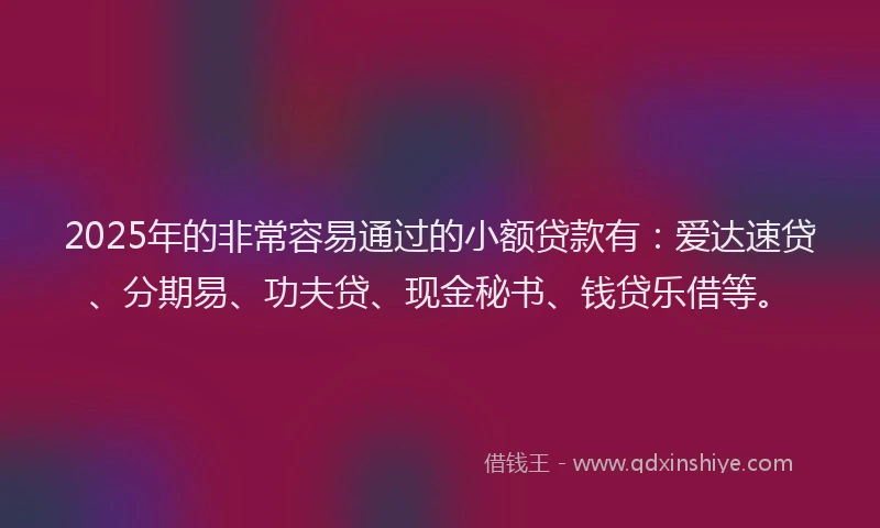 2025年的非常容易通过的小额贷款有:爱达速贷、分期易、功夫贷、现金秘书、钱贷乐借等。