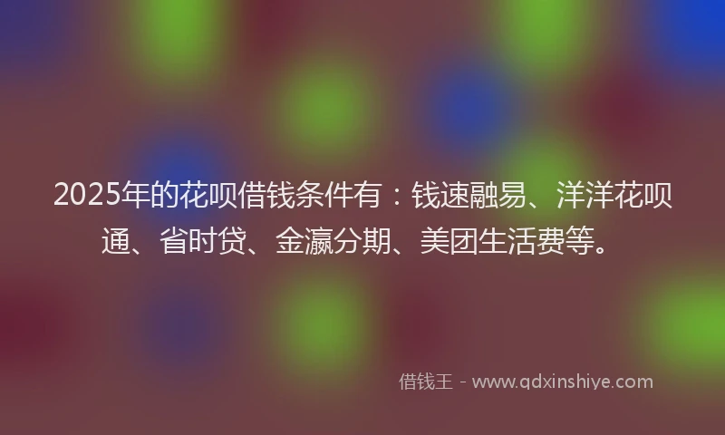 2025年的花呗借钱条件有:钱速融易、洋洋花呗通、省时贷、金瀛分期、美团生活费等。