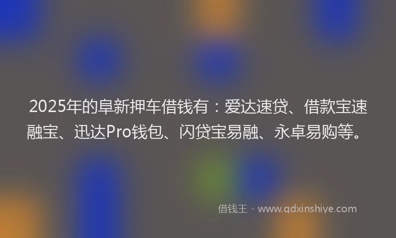 2025年的阜新押车借钱有：爱达速贷、借款宝速融宝、迅达Pro钱包、闪贷宝易融、永卓易购等。