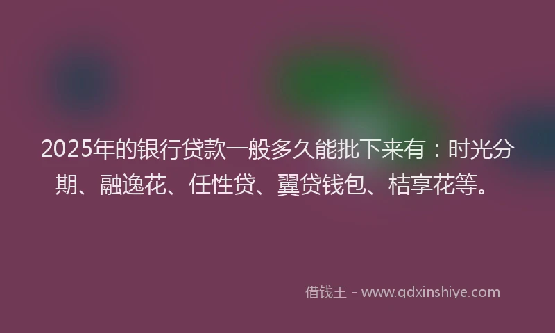 2025年的银行贷款一般多久能批下来有：时光分期、融逸花、任性贷、翼贷钱包、桔享花等。