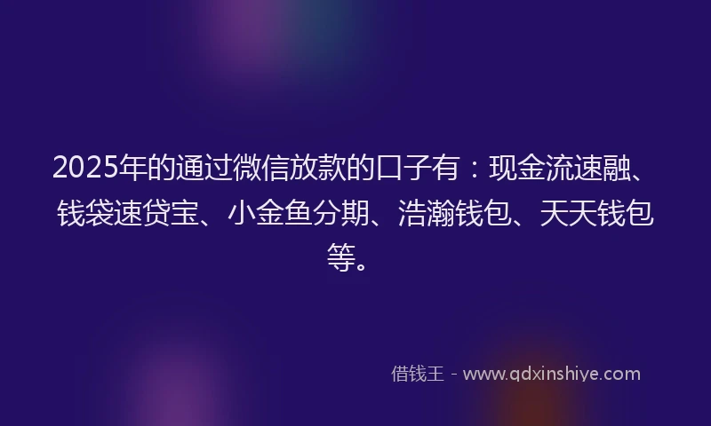 2025年的通过微信放款的口子有：现金流速融、钱袋速贷宝、小金鱼分期、浩瀚钱包、天天钱包等。