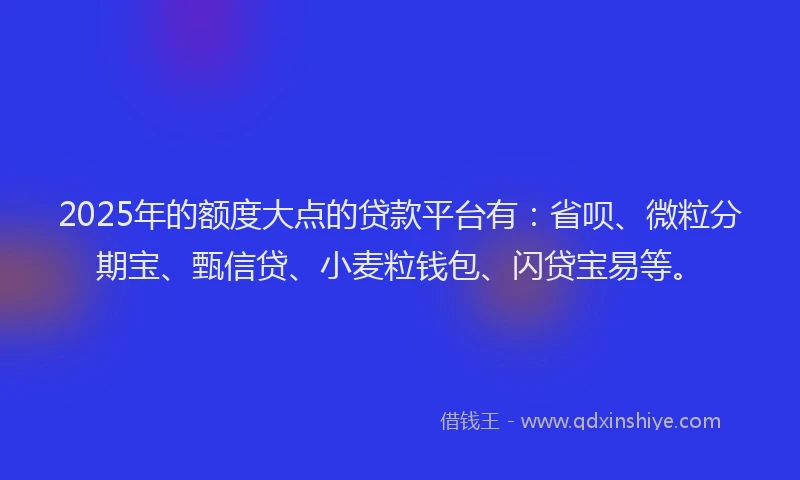 2025年的额度大点的贷款平台有：省呗、微粒分期宝、甄信贷、小麦粒钱包、闪贷宝易等。