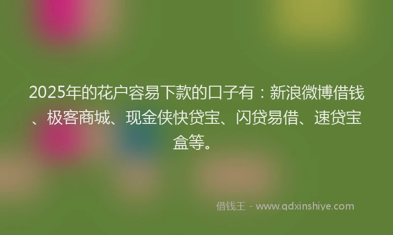 2025年的花户容易下款的口子有：新浪微博借钱、极客商城、现金侠快贷宝、闪贷易借、速贷宝盒等。