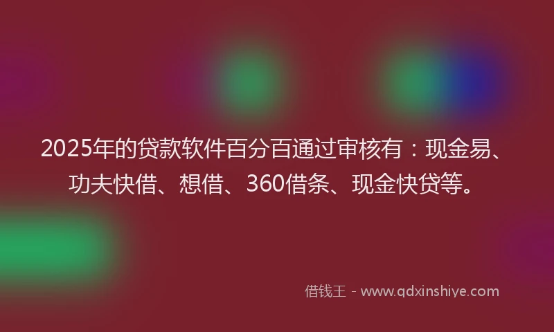 2025年的贷款软件百分百通过审核有:现金易、功夫快借、想借、360借条、现金快贷等。