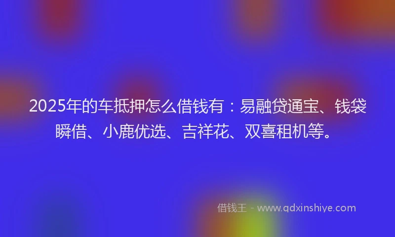 2025年的车抵押怎么借钱有:易融贷通宝、钱袋瞬借、小鹿优选、吉祥花、双喜租机等。