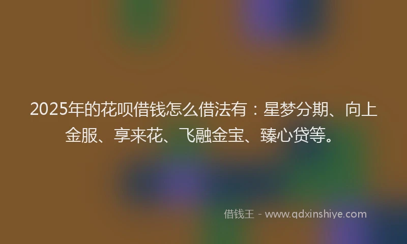 2025年的花呗借钱怎么借法有:星梦分期、向上金服、享来花、飞融金宝、臻心贷等。
