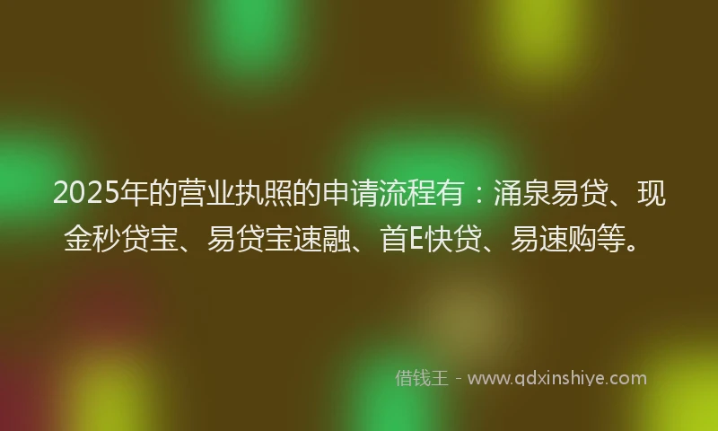 2025年的营业执照的申请流程有：涌泉易贷、现金秒贷宝、易贷宝速融、首E快贷、易速购等。