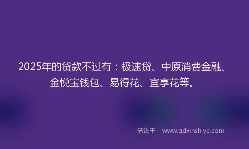 2025年的贷款不过有:极速贷、中原消费金融、金悦宝钱包、易得花、宜享花等。