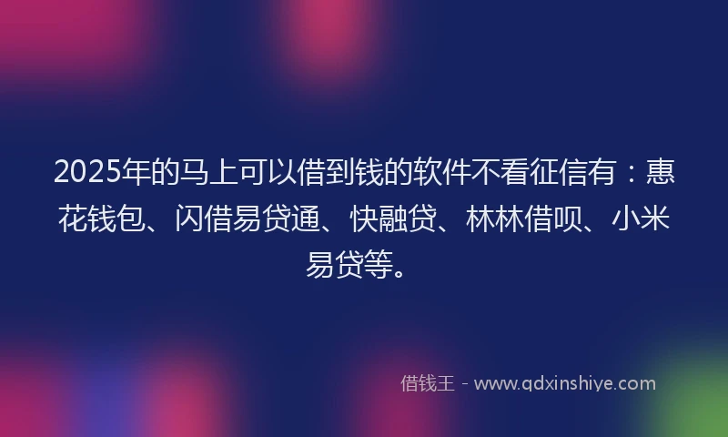 2025年的马上可以借到钱的软件不看征信有：惠花钱包、闪借易贷通、快融贷、林林借呗、小米易贷等。