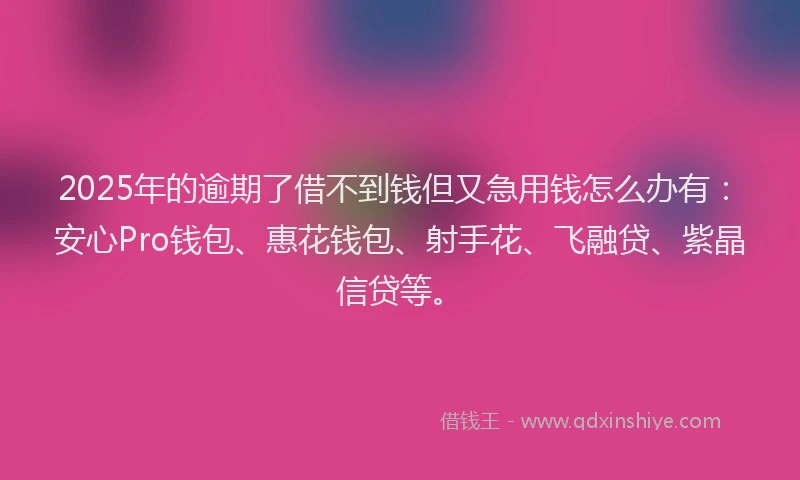 2025年的逾期了借不到钱但又急用钱怎么办有:安心Pro钱包、惠花钱包、射手花、飞融贷、紫晶信贷等。