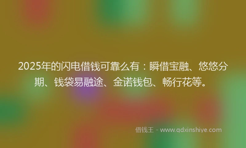 2025年的闪电借钱可靠么有：瞬借宝融、悠悠分期、钱袋易融途、金诺钱包、畅行花等。