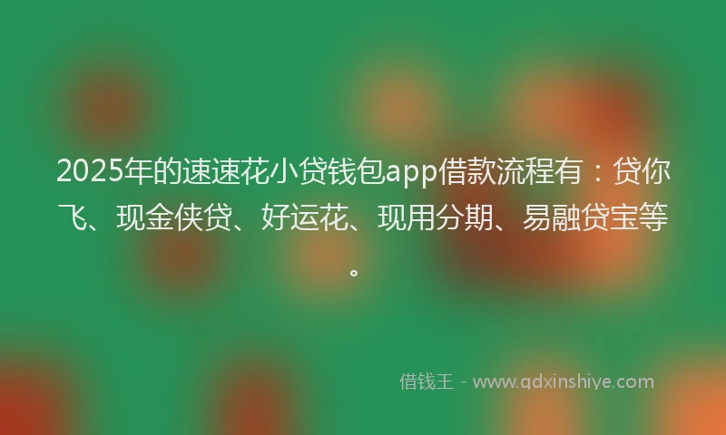 2025年的速速花小贷钱包app借款流程有:贷你飞、现金侠贷、好运花、现用分期、易融贷宝等。