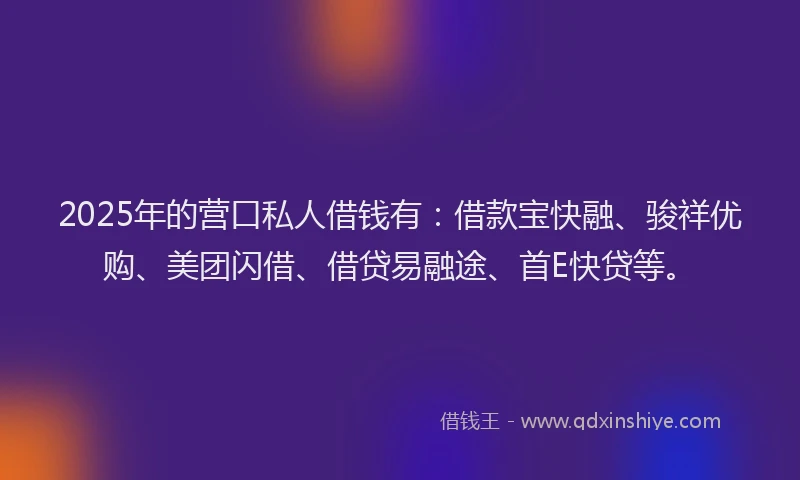 2025年的营口私人借钱有：借款宝快融、骏祥优购、美团闪借、借贷易融途、首E快贷等。