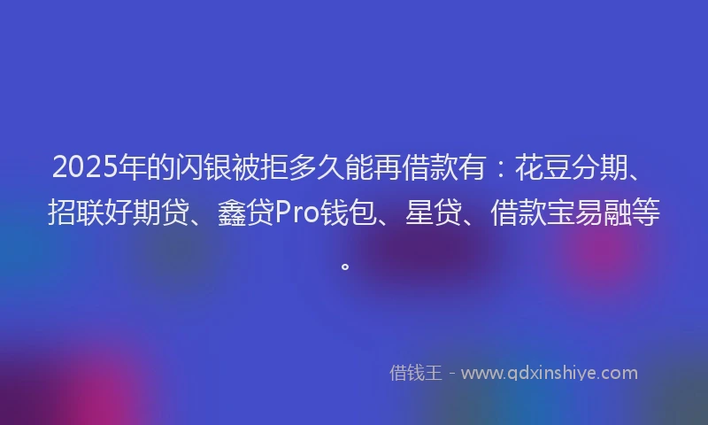 2025年的闪银被拒多久能再借款有：花豆分期、招联好期贷、鑫贷Pro钱包、星贷、借款宝易融等。