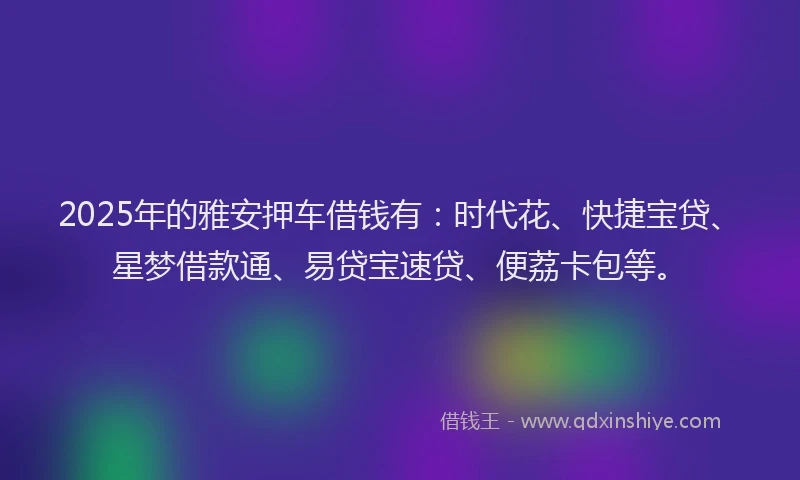 2025年的雅安押车借钱有:时代花、快捷宝贷、星梦借款通、易贷宝速贷、便荔卡包等。