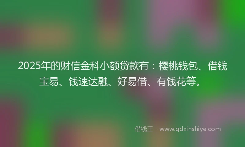 2025年的财信金科小额贷款有:樱桃钱包、借钱宝易、钱速达融、好易借、有钱花等。