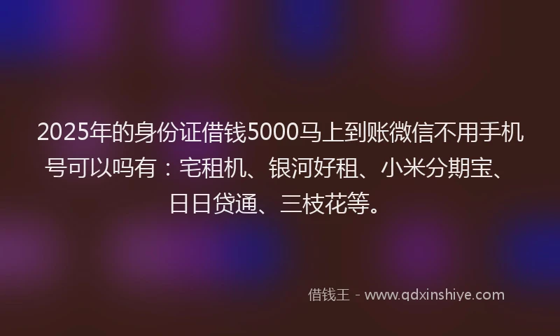 2025年的身份证借钱5000马上到账微信不用手机号可以吗有：宅租机、银河好租、小米分期宝、日日贷通、三枝花等。
