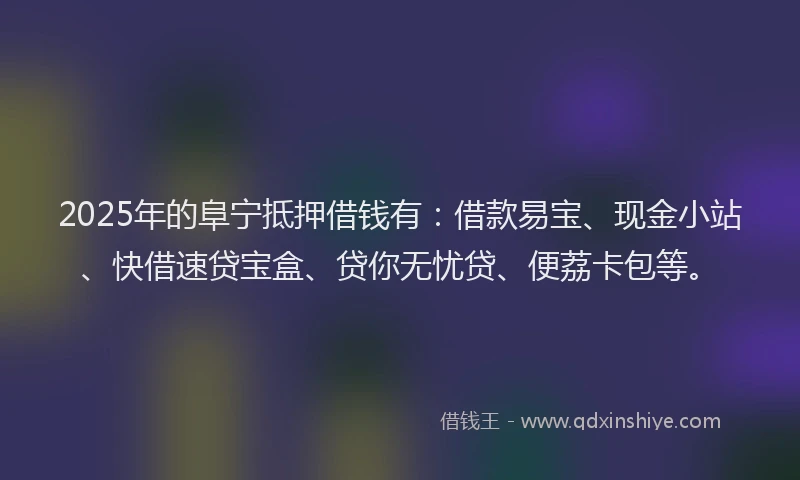 2025年的阜宁抵押借钱有：借款易宝、现金小站、快借速贷宝盒、贷你无忧贷、便荔卡包等。