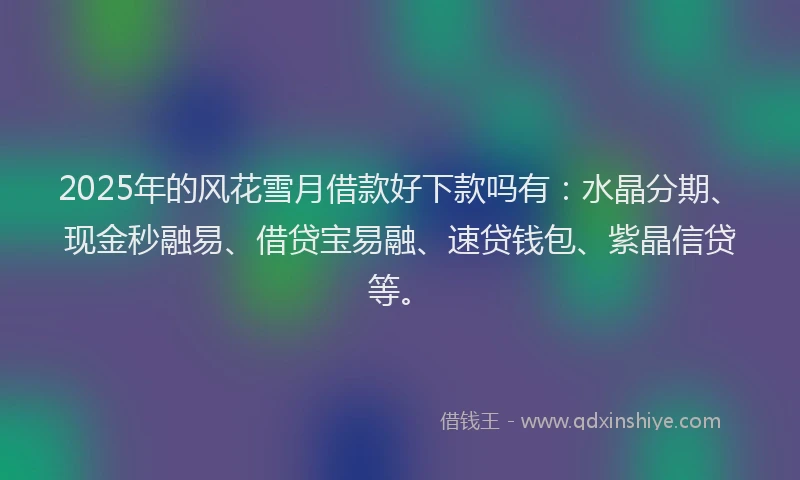2025年的风花雪月借款好下款吗有:水晶分期、现金秒融易、借贷宝易融、速贷钱包、紫晶信贷等。