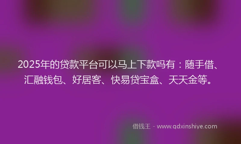 2025年的贷款平台可以马上下款吗有:随手借、汇融钱包、好居客、快易贷宝盒、天天金等。